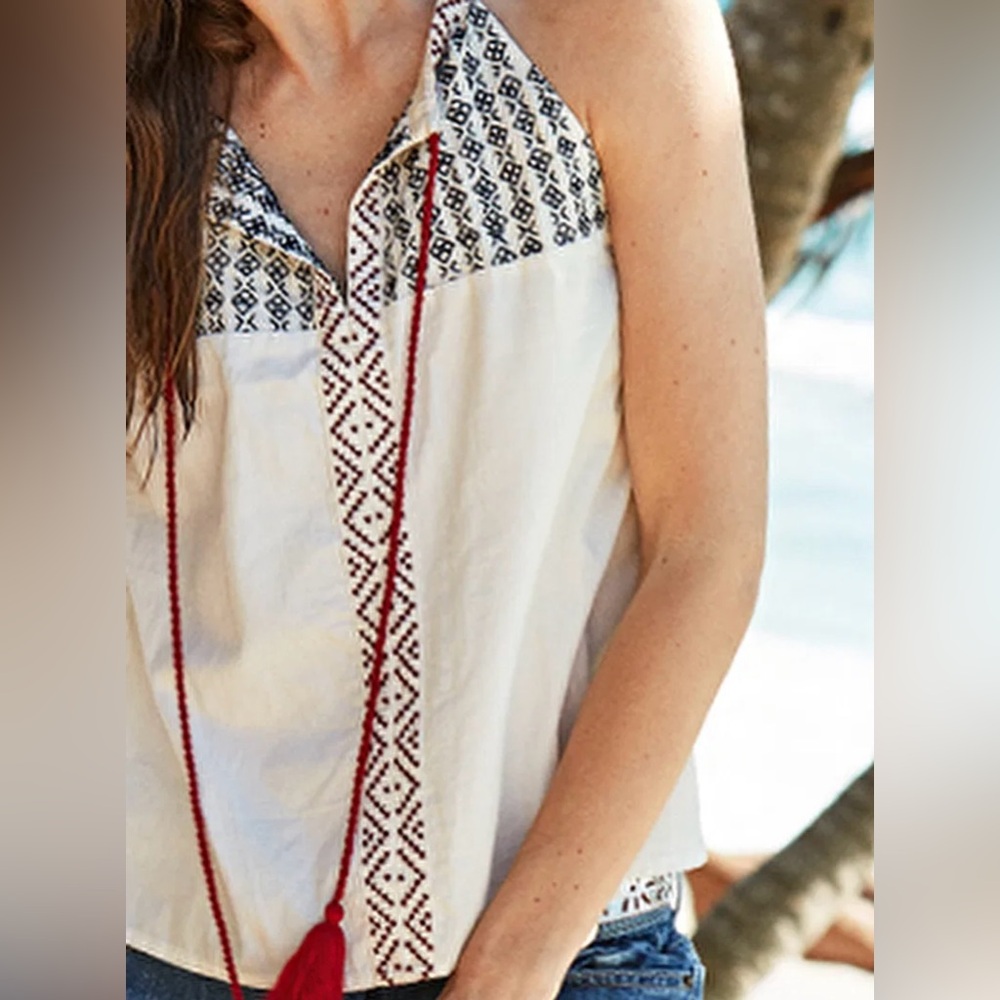 Heyson Cream‎ and Brown Patterned Top women’s L sleeveless, tassel tie, neck